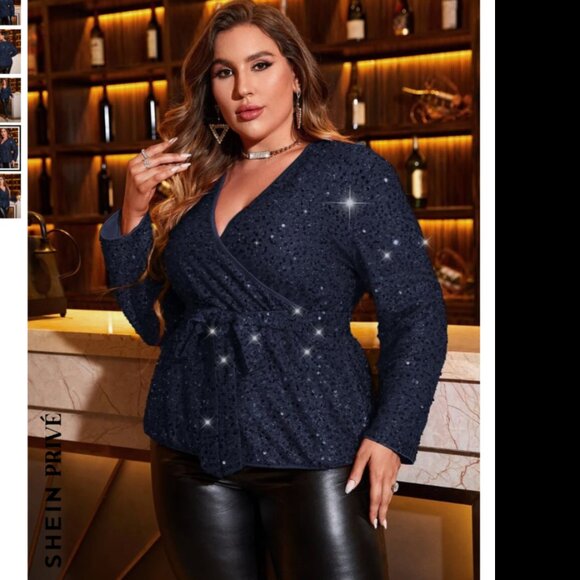 Plus Size Navy Blue Surplice Neck Belted Sequin Blouse, 2X - Picture 4 of 7